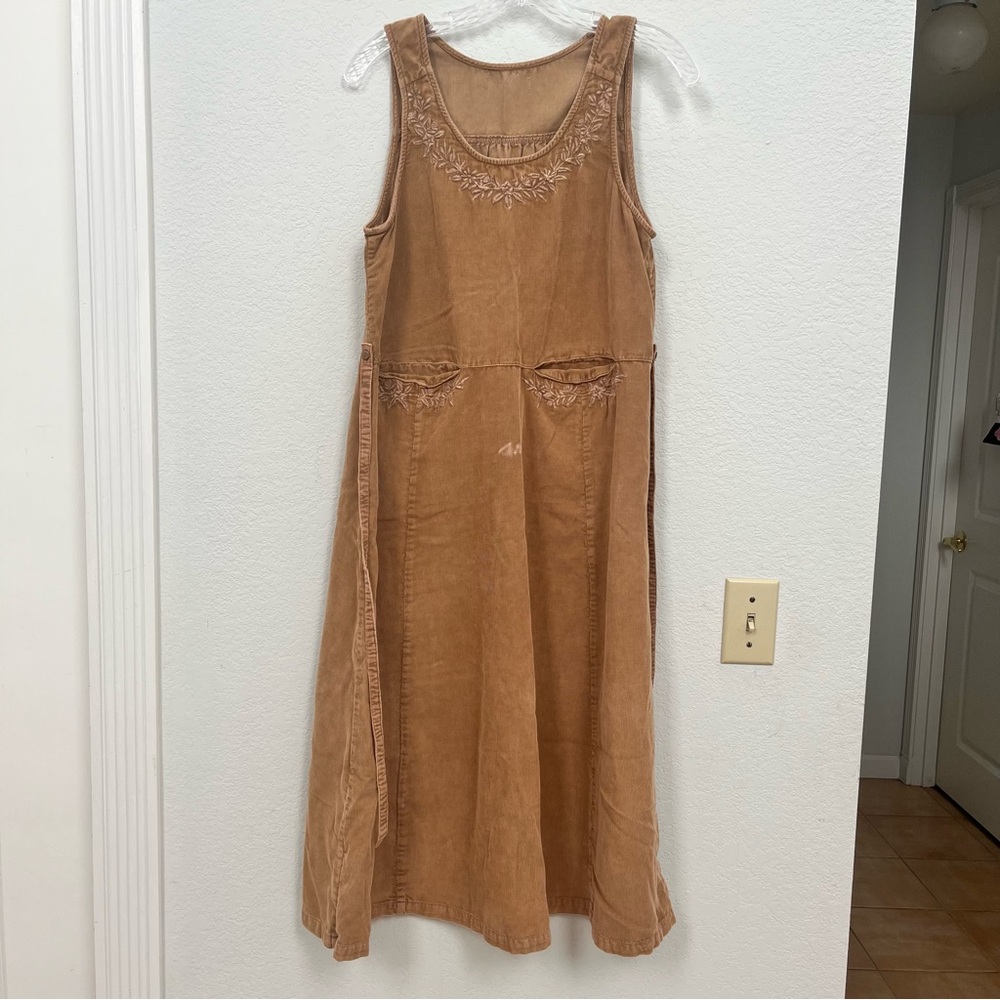 April Cornell Rustic Tan Midi Dress with Embroidered Neckline